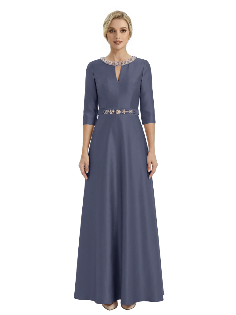 Sophisticated 3/4 Sleeves Beaded A-Line Satin Mother Of The Bride Dress