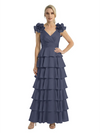 Mother of The Bride Dresses V-Neck Sleeveless Satin Tiered Maxi Gown Unique Flower Detailed Formal Wedding Event Attire