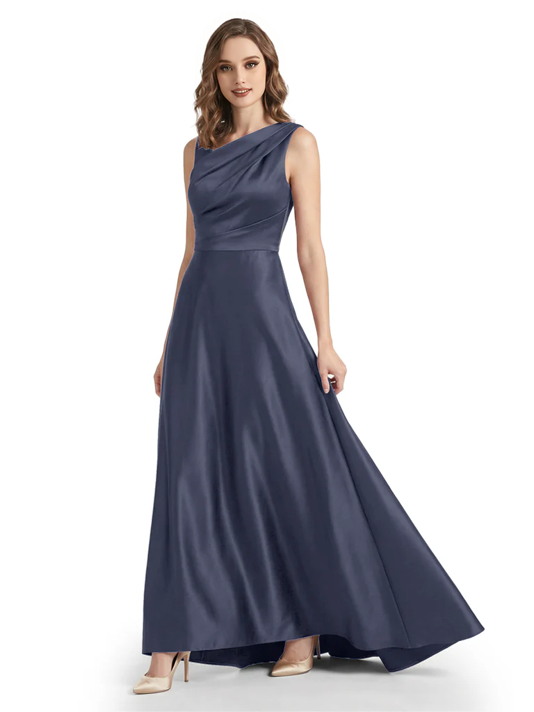 Stunning Asymmetrical Neckline Sleeveless A-Line Satin Formal Dress For Mother Of The Bride