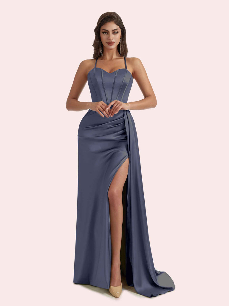 Elegant Sweetheart Mermaid Pleats Side Slit Spaghetti Strap Soft Satin Long Bridesmaid Dress For Wedding Elegant Sweetheart Mermaid Pleats Side Slit Spaghetti Strap Soft Satin Long Bridesmaid Dress For Wedding