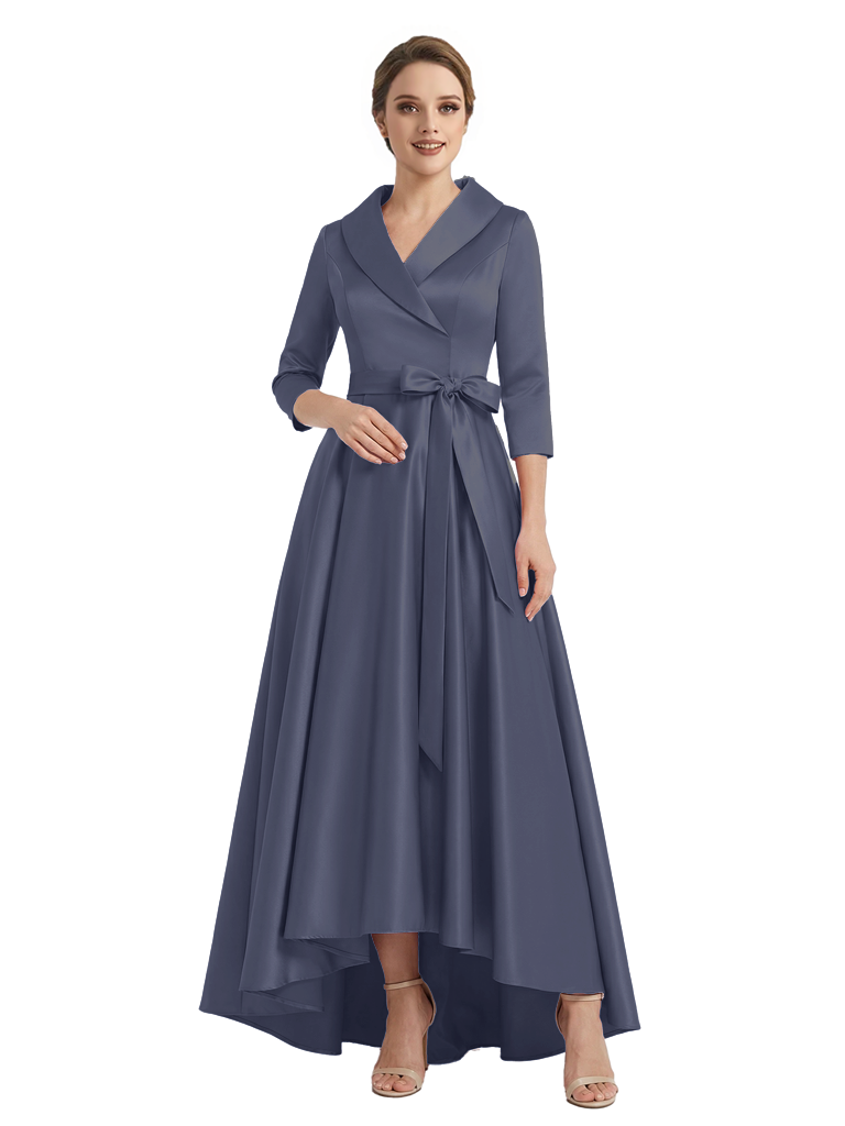 Modern High-Low 3/4 Sleeves Satin Mother Of The Bride Dress With Bow Knot