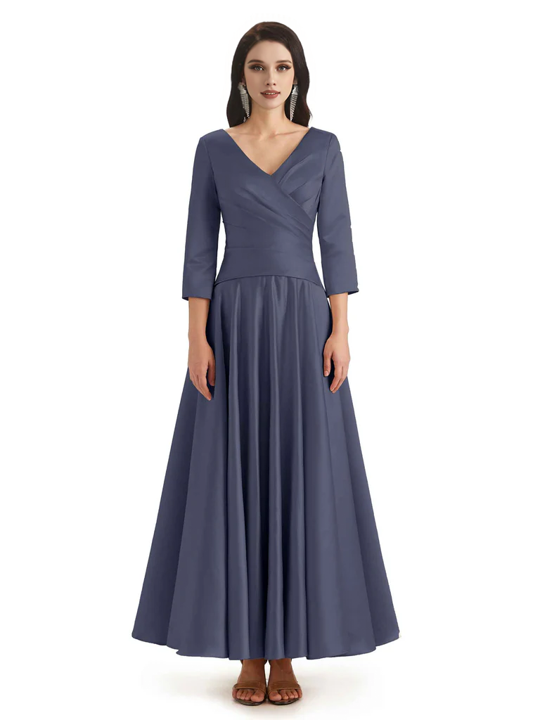 Elegant Soft Satin 3/4 Sleeves V-Neck Ankle Length Mother of The Bride Dresses