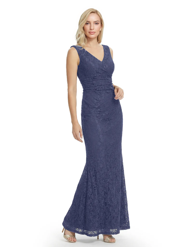 Mother of The Bride Dresses V-Neck Sleeveless Lace Mermaid Maxi Gown Elegant Flowy Formal Wedding Event Dress