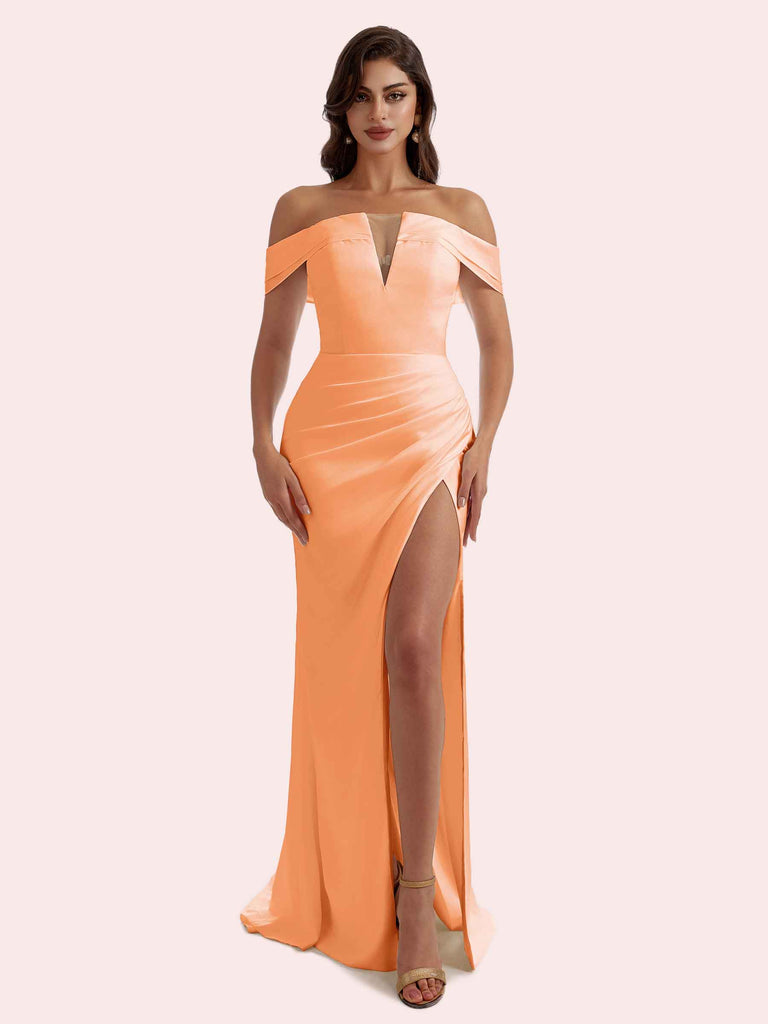 Sexy V-neck Mermaid Pleats Side Slit Off-the-Shoulder Soft Satin Long Bridesmaid Dress For Wedding Sexy V-neck Mermaid Pleats Side Slit Off-the-Shoulder Soft Satin Long Bridesmaid Dress For Wedding