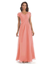 Elegant Short Sleeves Beaded Pleats A-line Floor-Length Mother of The Bride Dresses