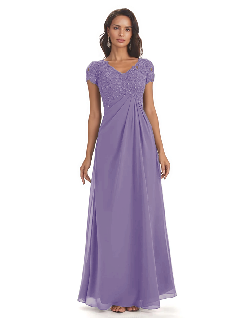 Elegant Short Sleeves Beaded Pleats A-line Floor-Length Mother of The Bride Dresses