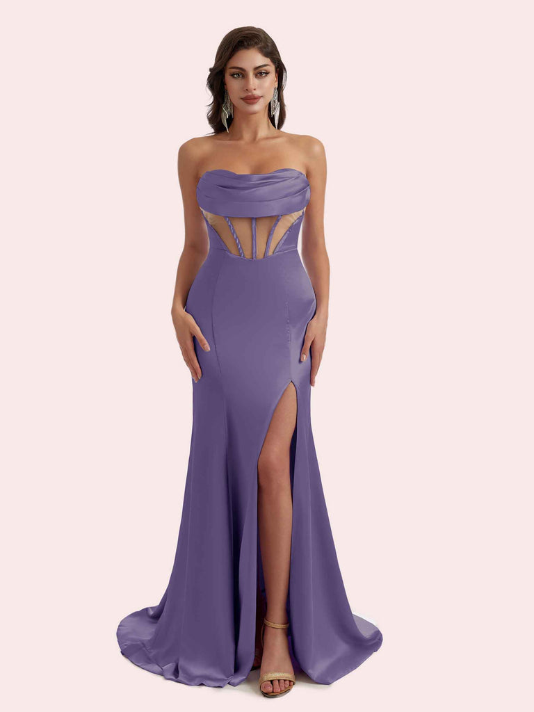 Sexy Mermaid Illusion Side Slit Soft Satin Long Bridesmaid Dress Online Sexy Mermaid Illusion Side Slit Soft Satin Long Bridesmaid Dress Online