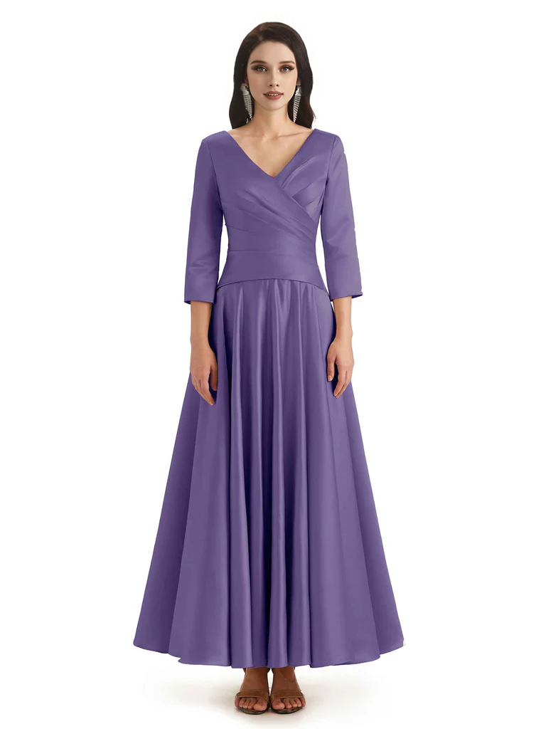 Elegant Soft Satin 3/4 Sleeves V-Neck Ankle Length Mother of The Bride Dresses