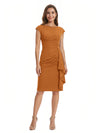 Mother of The Bride Dress Beautiful Jewel Cap Sleeve Crepe Sheath Midi Gown Ruffled Stylish Design