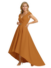 Mother of The Groom Dress Fancy Cap Sleeve Crepe High-Low A-Line Gown Elegant Belt Accent