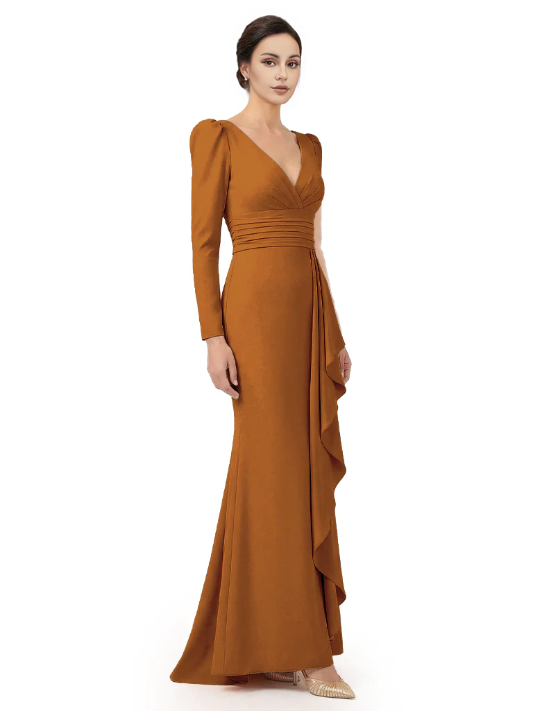 V-Neck Long Sleeves Ruffle Crepe Mother Of The Groom Dress Mermaid
