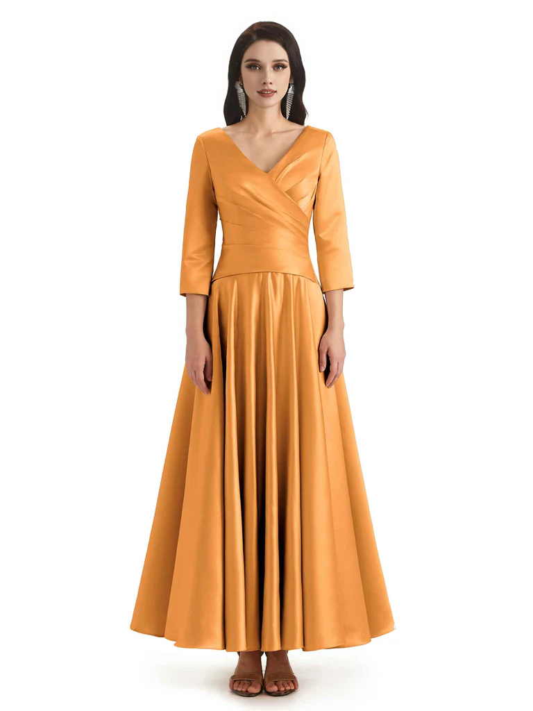 Elegant Soft Satin 3/4 Sleeves V-Neck Ankle Length Mother of The Bride Dresses
