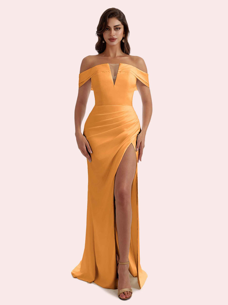 Sexy V-neck Mermaid Pleats Side Slit Off-the-Shoulder Soft Satin Long Bridesmaid Dress For Wedding Sexy V-neck Mermaid Pleats Side Slit Off-the-Shoulder Soft Satin Long Bridesmaid Dress For Wedding