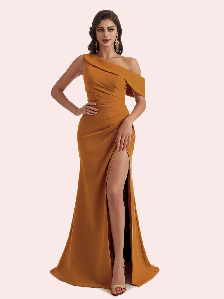 tangerine orange bridesmaid dresses Elegant Mermaid Side Slit Off Shoulder Crepe Long Bridesmaid Dress For Wedding