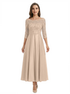 Mother of The Groom Dress Off Shoulder 3/4 Sleeve Lace Satin Midi Gown Classy Pleated