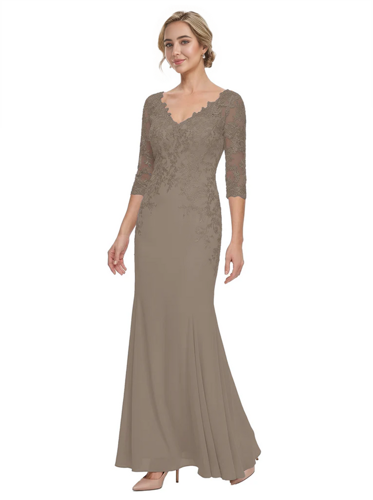 Mother of The Bride Gown V-Neck Half Sleeve Lace Chiffon Trumpet Maxi Dress Unique Sophisticated