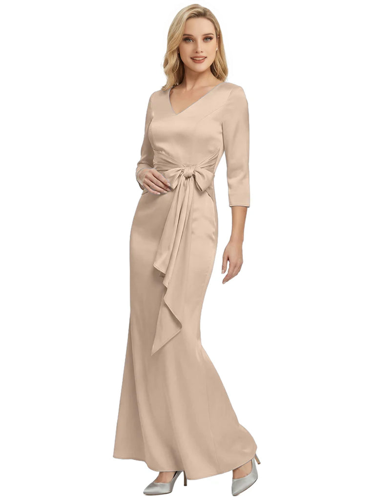 Mother of The Bride Dress Elegant V-Neck 3/4 Sleeve Satin Trumpet Maxi Gown