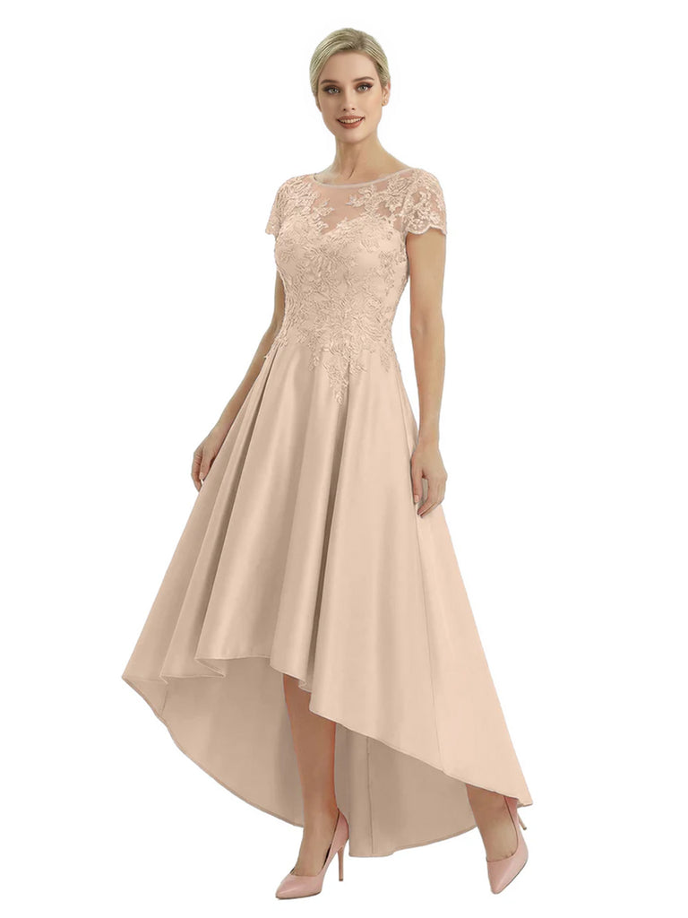 Elegant Mother of The Bride Dress Scoop Short Sleeve Lace Satin High-Low A-Line Gown