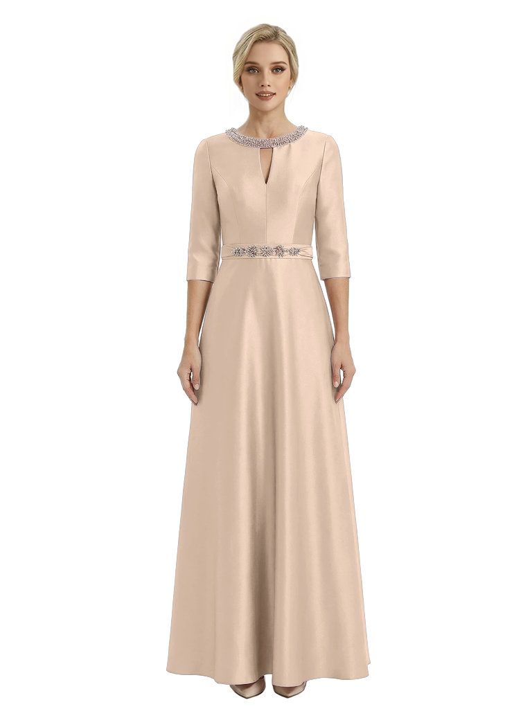 Sophisticated 3/4 Sleeves Beaded A-Line Satin Mother Of The Bride Dress