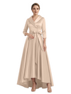 Modern High-Low 3/4 Sleeves Satin Mother Of The Bride Dress With Bow Knot