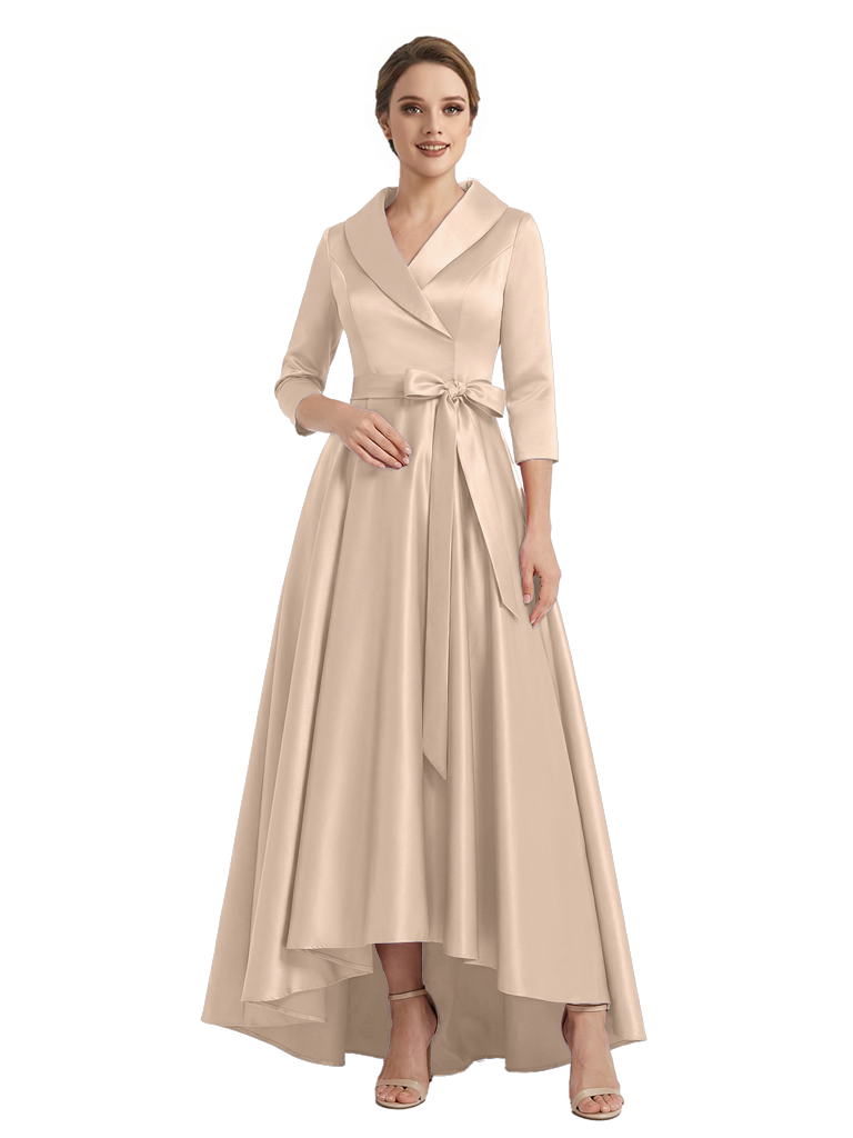 Modern High-Low 3/4 Sleeves Satin Mother Of The Bride Dress With Bow Knot