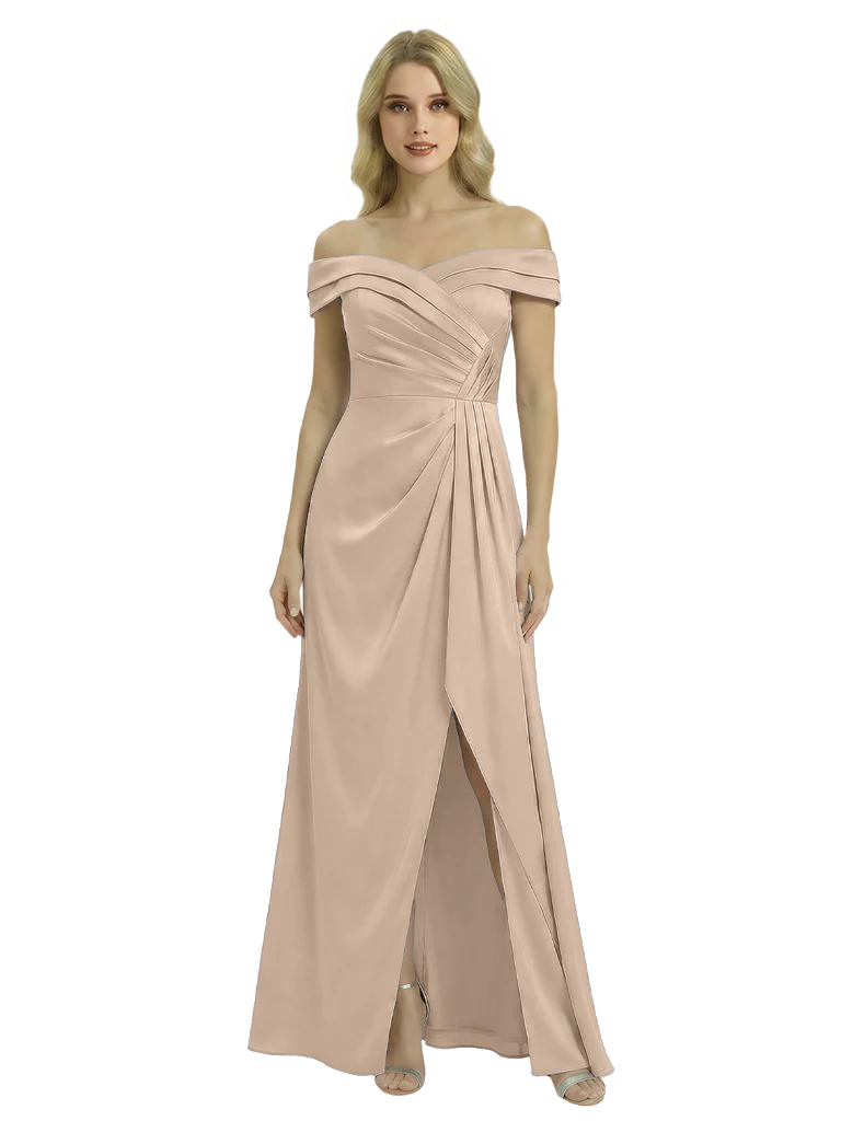 Off The Shoulder Mother Of The Groom Dresses Side Slit Satin Ruched A-Line Gown