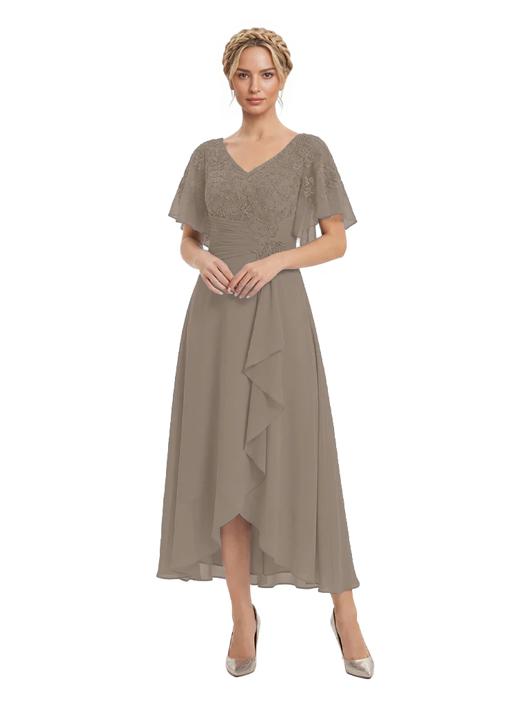 Unique Flutter Sleeves Lace Beaded Short Mother of the Groom Dresses
