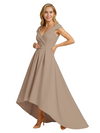 Mother of The Groom Dress Fancy Cap Sleeve Crepe High-Low A-Line Gown Elegant Belt Accent