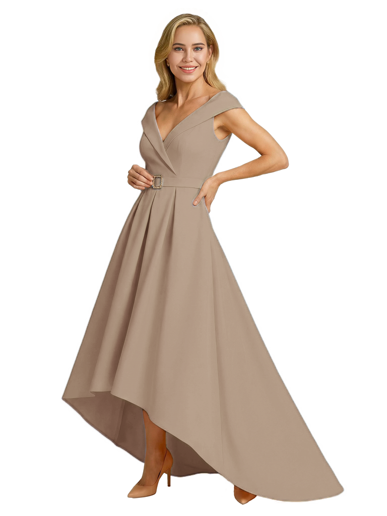 Mother of The Groom Dress Fancy Cap Sleeve Crepe High-Low A-Line Gown Elegant Belt Accent
