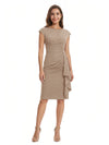 Mother of The Bride Dress Beautiful Jewel Cap Sleeve Crepe Sheath Midi Gown Ruffled Stylish Design