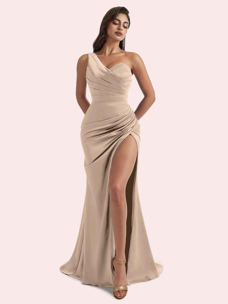 Generous Mermaid Pleats Side Split One Shoulder Soft Satin Long Bridesmaid Dress For Wedding Cetims Champagne