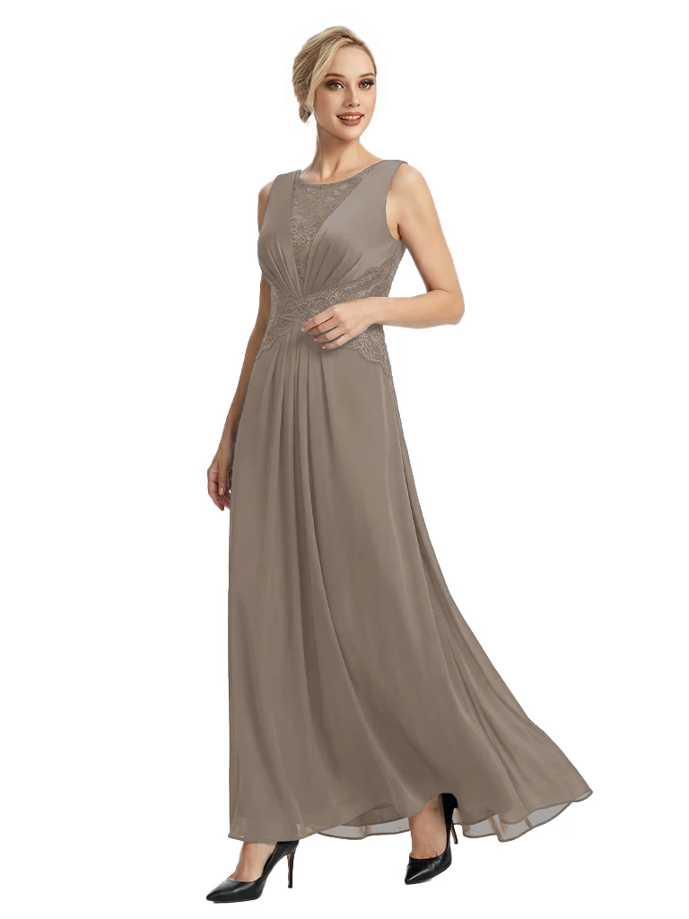 Mother of The Bride Dresses Scoop Sleeveless Lace Chiffon Maxi Gown Classy Ruched Formal Wedding Event Dress