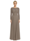 Mother of The Bride Dresses Scoop Long Sleeve Lace Chiffon Maxi Gown Pretty Embroidered Formal Wedding Event Attire