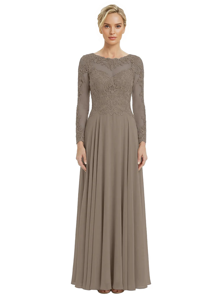 Mother of The Bride Dresses Scoop Long Sleeve Lace Chiffon Maxi Gown Pretty Embroidered Formal Wedding Event Attire