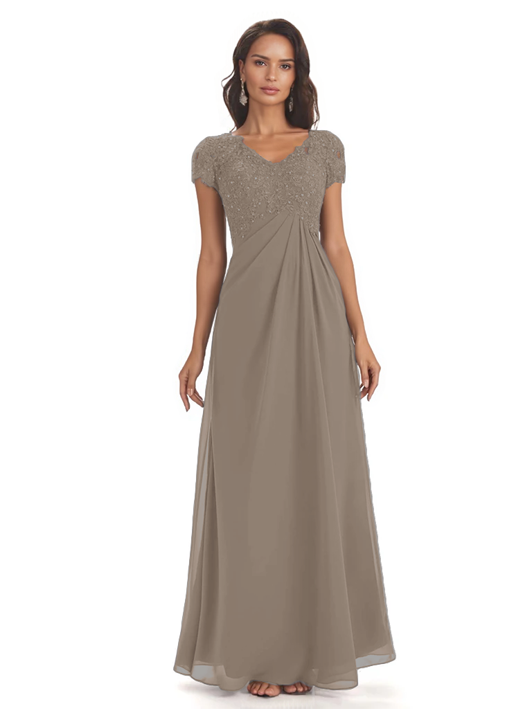 Elegant Short Sleeves Beaded Pleats A-line Floor-Length Mother of The Bride Dresses