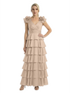 Mother of The Bride Dresses V-Neck Sleeveless Satin Tiered Maxi Gown Unique Flower Detailed Formal Wedding Event Attire