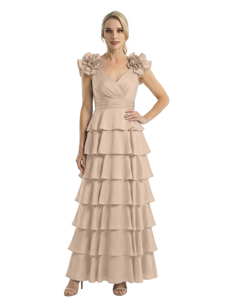 Mother of The Bride Dresses V-Neck Sleeveless Satin Tiered Maxi Gown Unique Flower Detailed Formal Wedding Event Attire