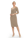 Mother of The Groom Dresses Off The Shoulder 3/4 Sleeve Satin Sheath Midi Dress Pretty Lace Detailed Formal Bridal Party Attire