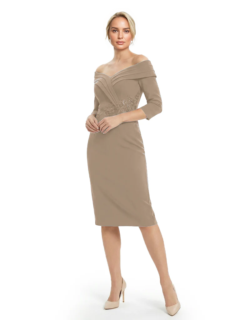 Mother of The Groom Dresses Off The Shoulder 3/4 Sleeve Satin Sheath Midi Dress Pretty Lace Detailed Formal Bridal Party Attire