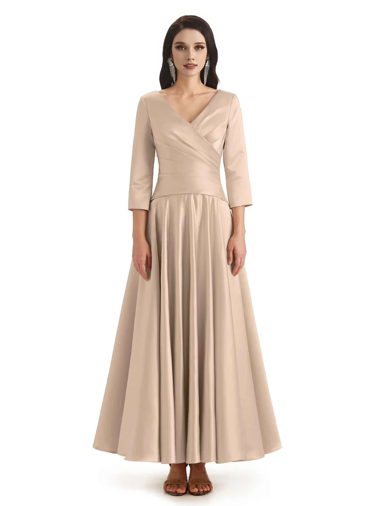 Elegant Soft Satin 3/4 Sleeves V-Neck Ankle Length Mother of The Bride Dresses