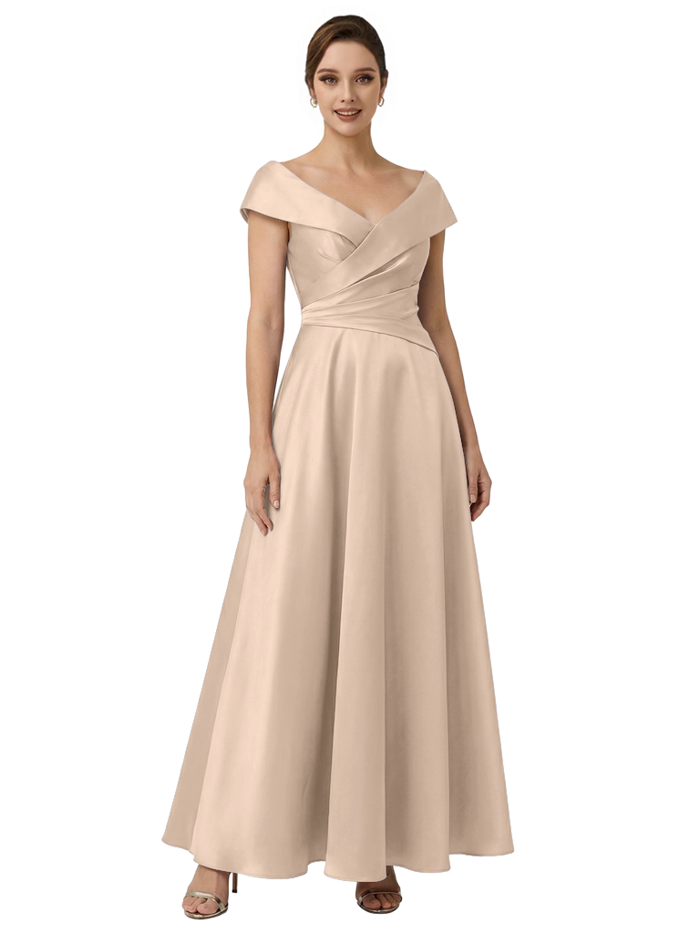 Sophisticated Off Shoulder Sleeveless A-Line Satin Mother Of The Bride Dress