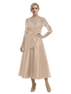 Unique Off Shoulder Tea-Length Satin Mother Of The Bride Dress With Lace Illusion
