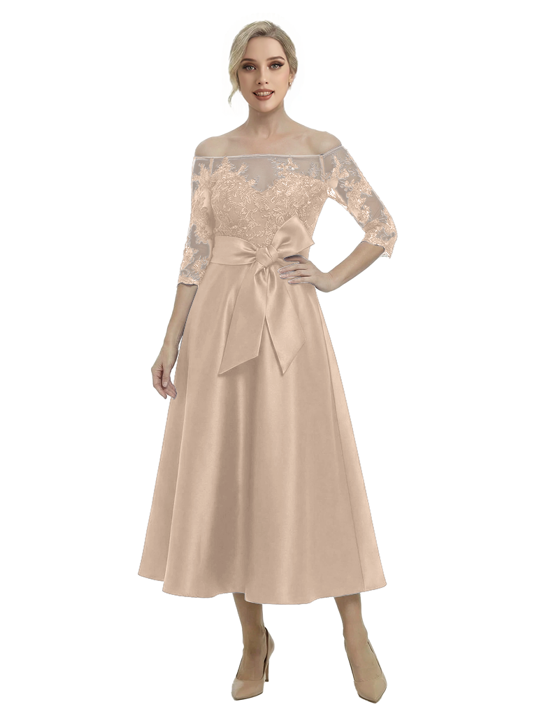 Unique Off Shoulder Tea-Length Satin Mother Of The Bride Dress With Lace Illusion