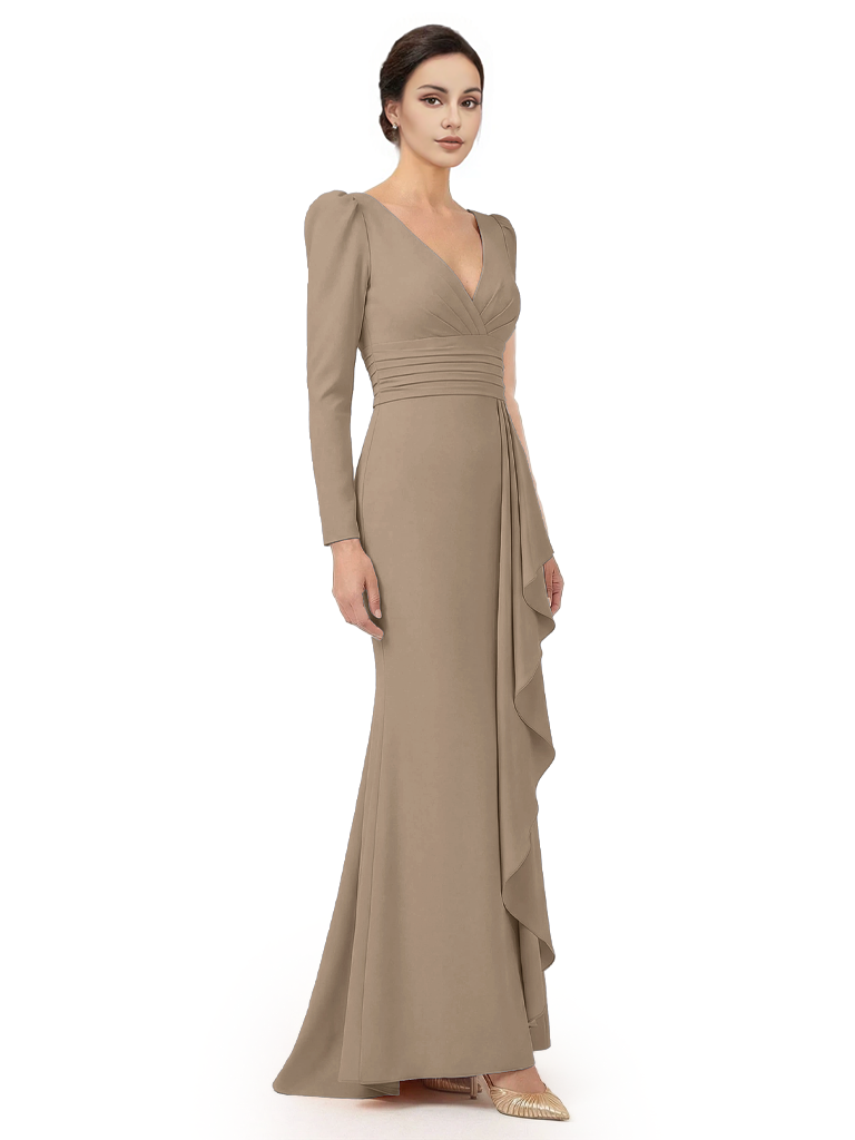 V-Neck Long Sleeves Ruffle Crepe Mother Of The Groom Dress Mermaid