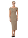 Mother of The Bride Dress Classy Off Shoulder Crepe Sheath Midi Gown Modern Wrap Detail
