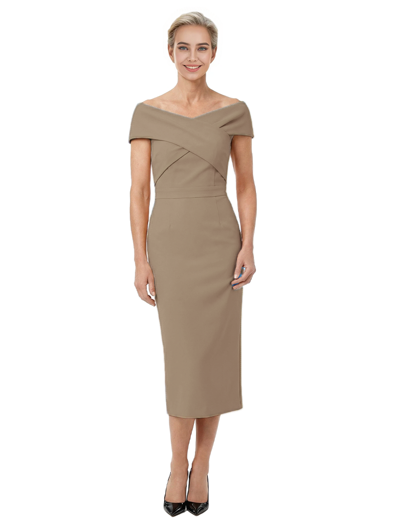 Mother of The Bride Dress Classy Off Shoulder Crepe Sheath Midi Gown Modern Wrap Detail
