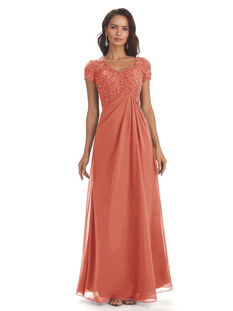 Elegant Short Sleeves Beaded Pleats A-line Floor-Length Mother of The Bride Dresses