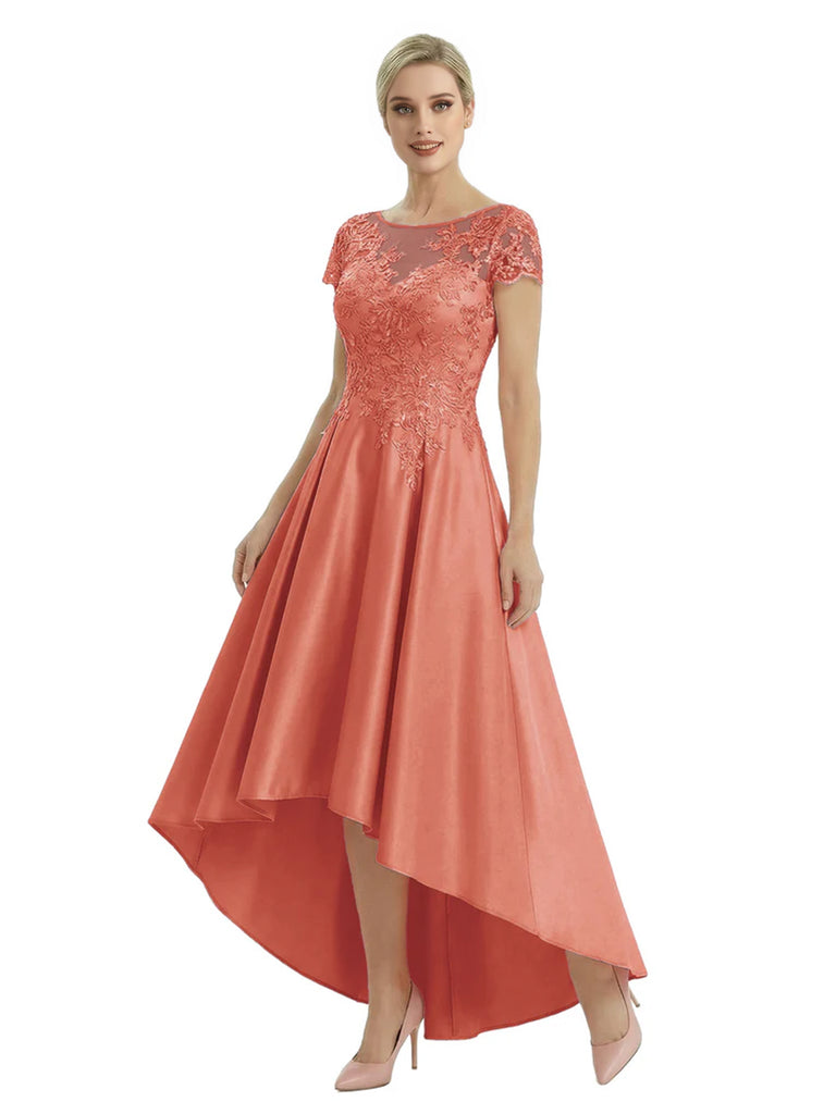 Elegant Mother of The Bride Dress Scoop Short Sleeve Lace Satin High-Low A-Line Gown