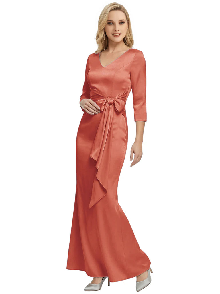 Mother of The Bride Dress Elegant V-Neck 3/4 Sleeve Satin Trumpet Maxi Gown