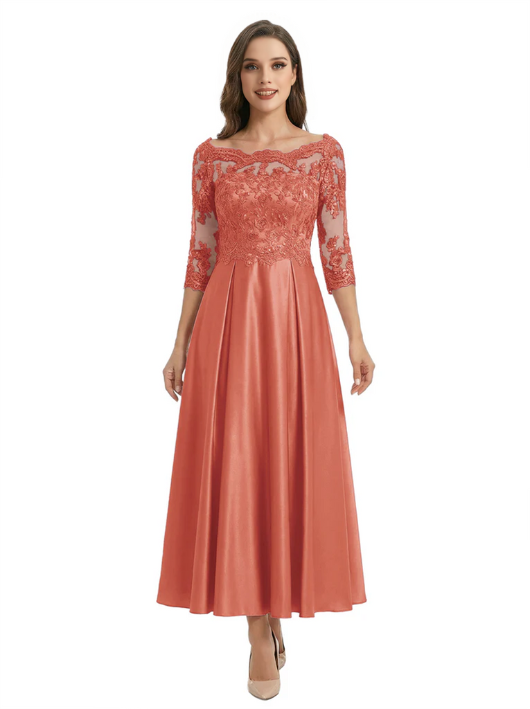 Mother of The Groom Dress Off Shoulder 3/4 Sleeve Lace Satin Midi Gown Classy Pleated
